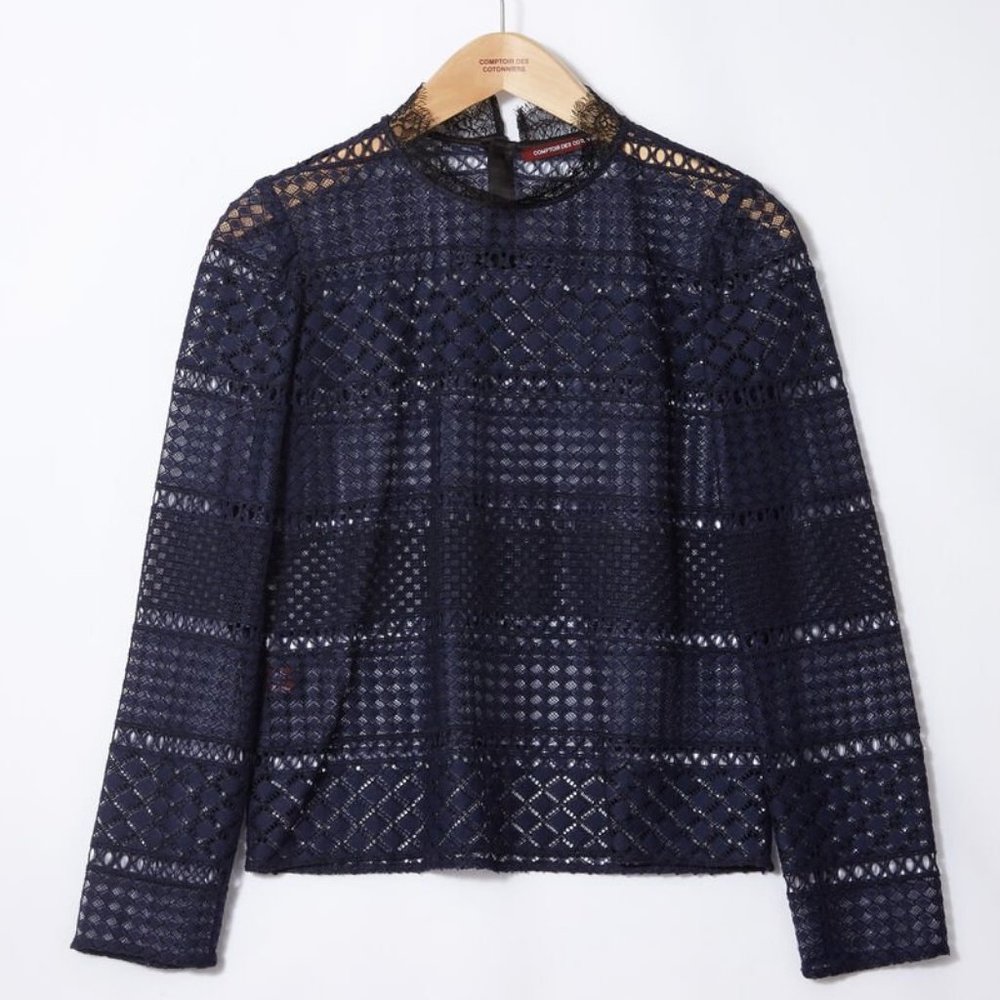 Comptoir des Cotonniers | Openwork Lace Blouse | Size 36 (US 4) | Navy + Black
